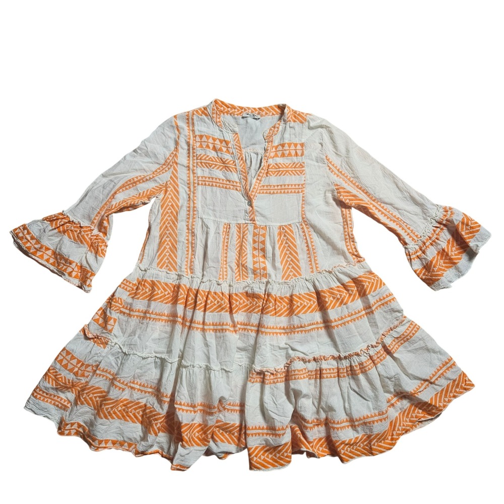 Meo Meli Geometric Aztec Tiered Cotton Mini Dress 3/4 Bell Sleeve L‎ Boho Resort